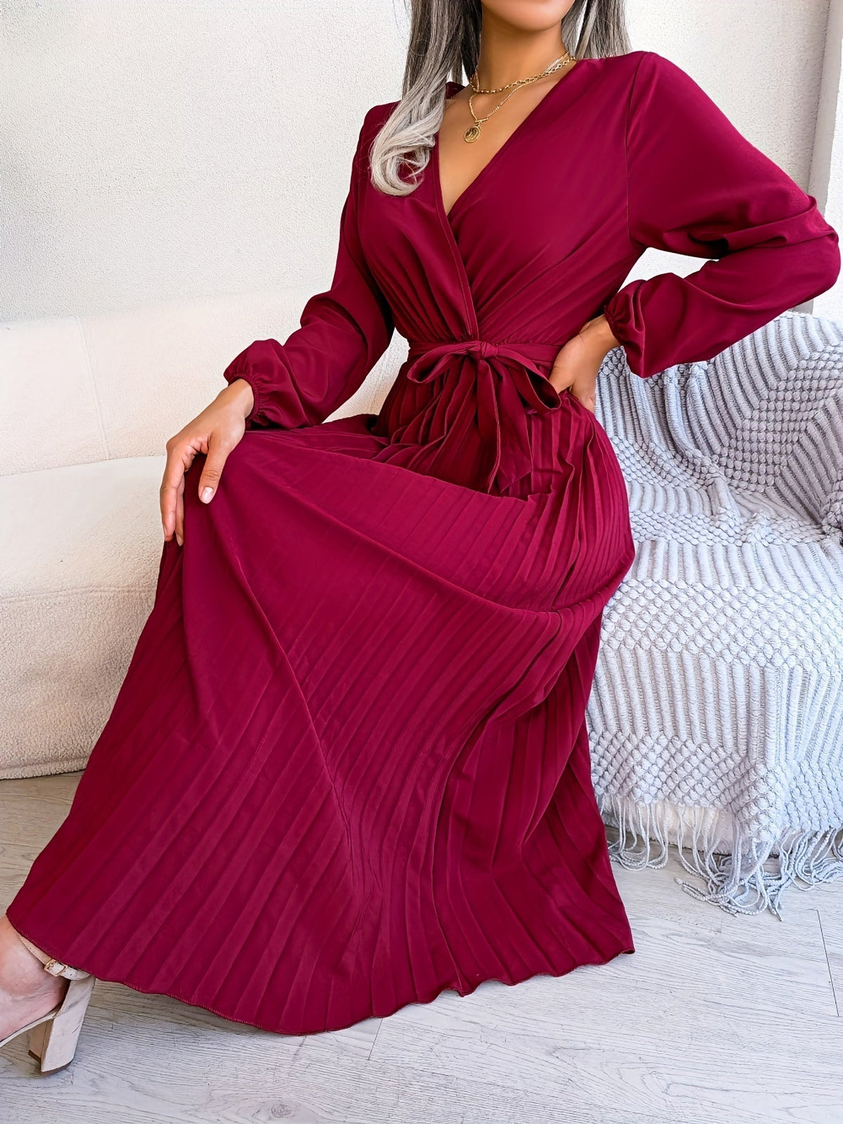 Pleated Surplice Neck Dress, Elegant Long Sleeve Solid Dress, Women's Clothing