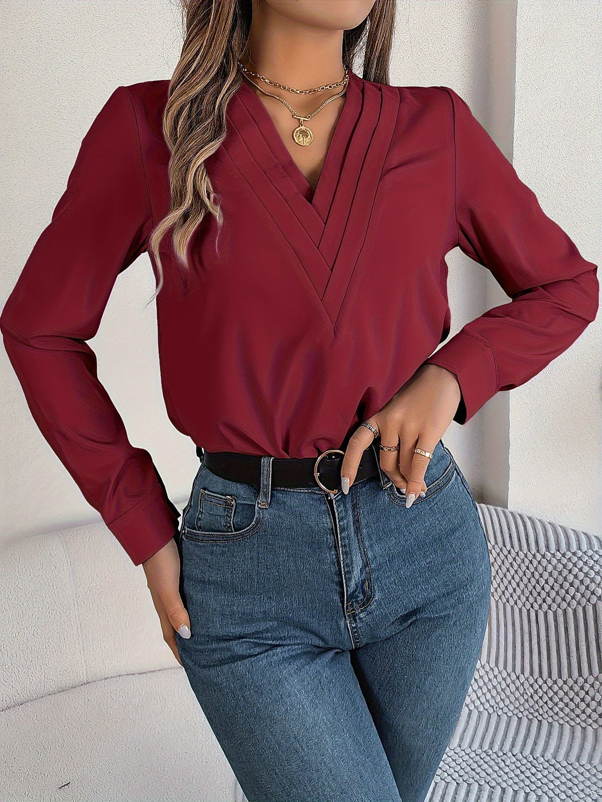 Solid Color V Neck Blouse, Elegant Long Sleeve Blouse