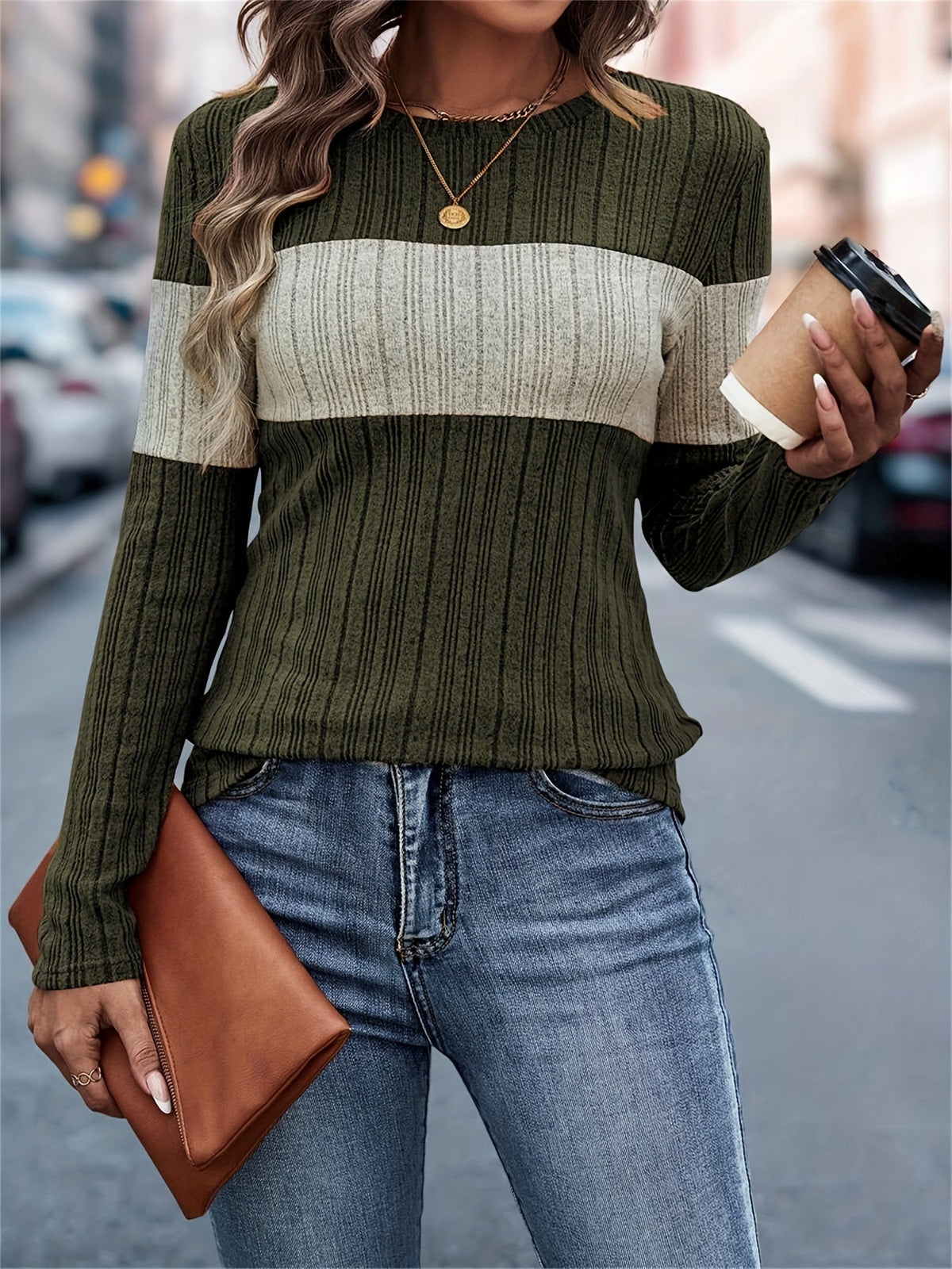 Color Block Crew Neck T-Shirt, Casual Long Sleeve Top