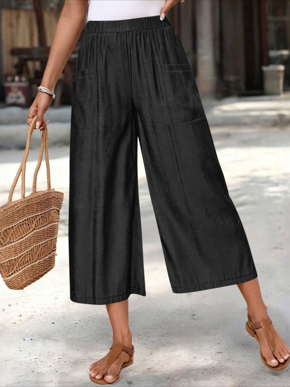 Solid Color Elastic Waist Y Casual Wide-Leg Ankle Pants