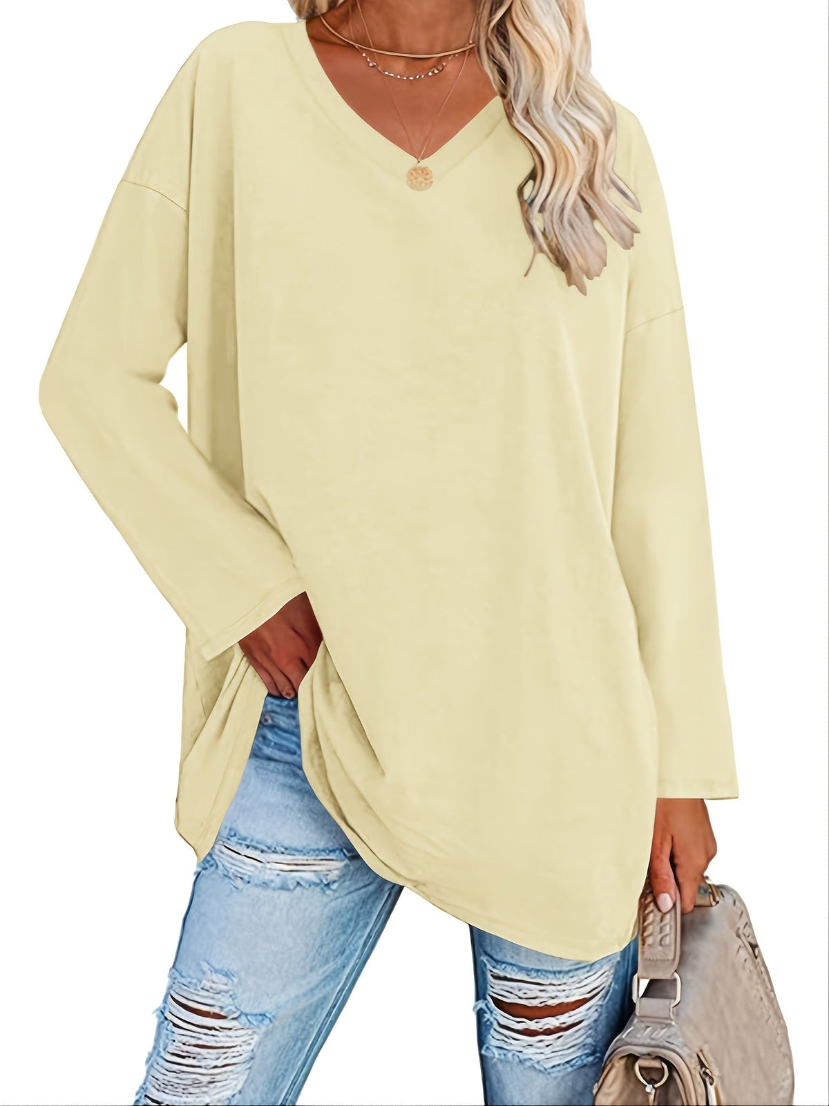 Women's Solid Color Oversized Tops, V-Neck Long Sleeve T-Shirts, Casual Loose Shirts