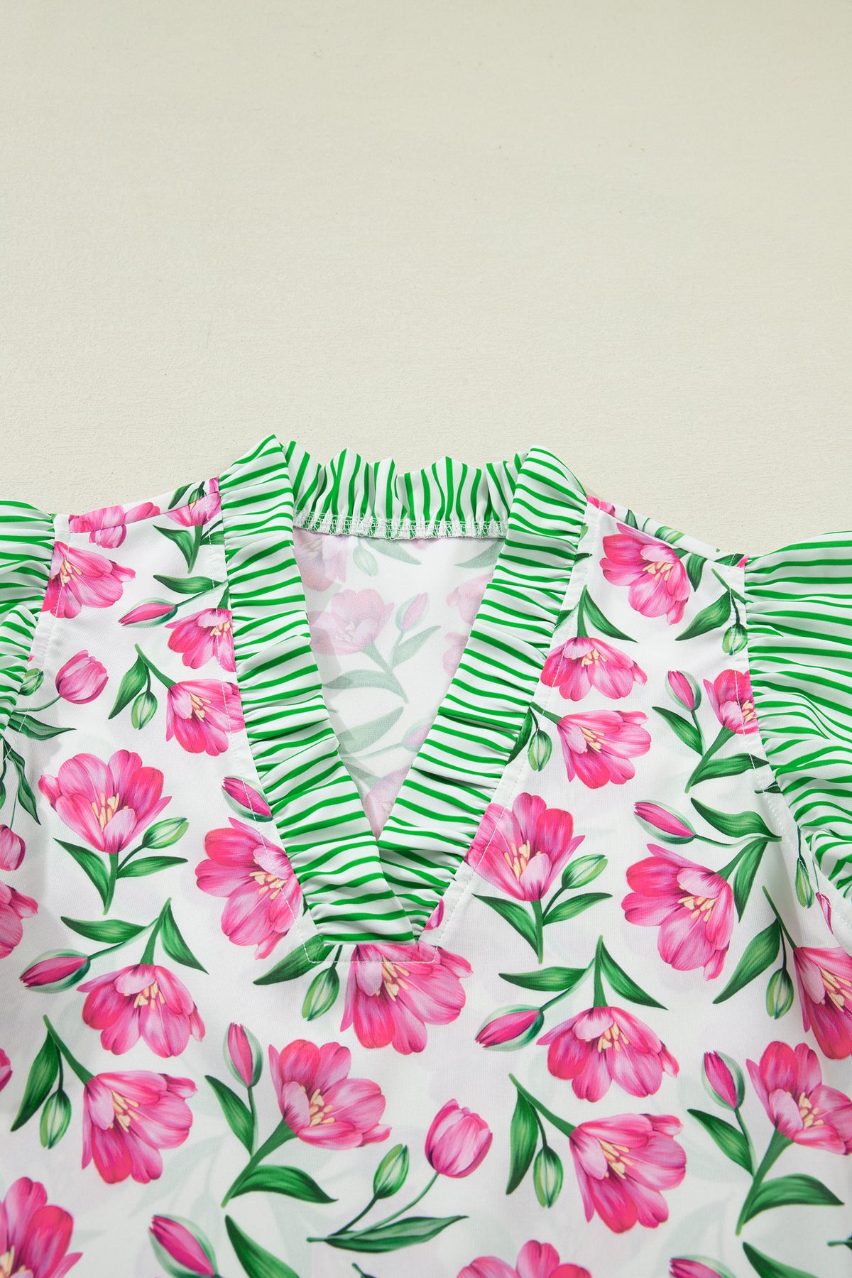 Multicolour Sweet Floral Print Striped Ruffle Trim V Neck Blouse