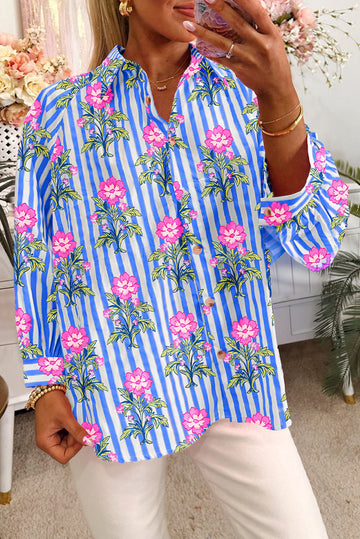 Blue Striped Floral Print Buttoned Cuffs Loose Fit Shirt