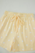 Yellow Polka Dot Short Sleeve Loose Top Drawstring Shorts Set