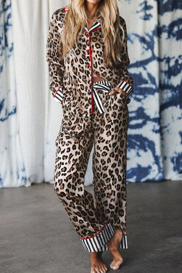 Dear Lover Khaki Leopard Print Colorblock Striped Edge Shirt and Pants Pajama Set