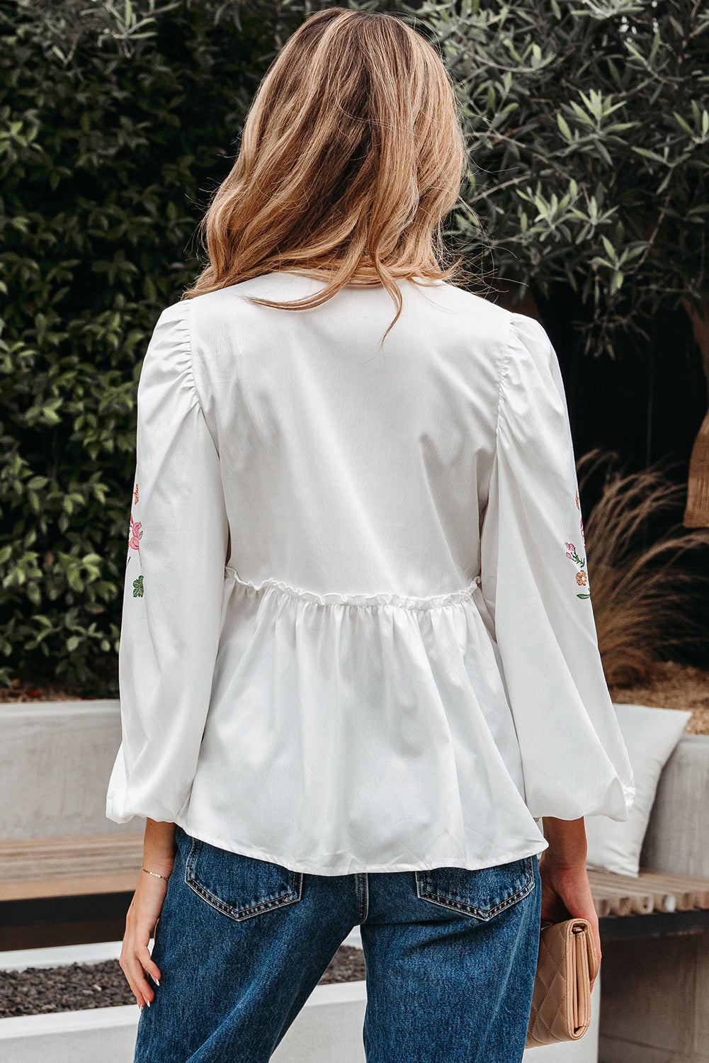 White Flower Lace-up V Neck Babydoll Blouse