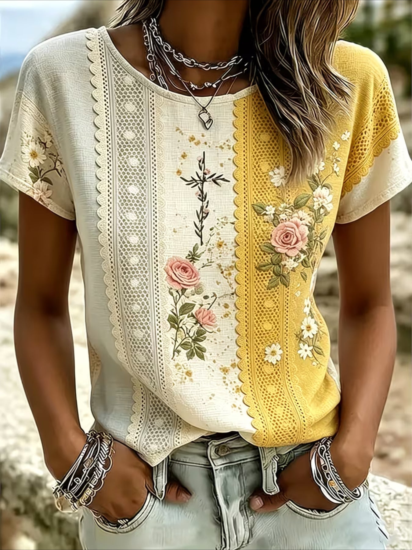 Floral Print Short Sleeve Crew Neck Top with Patchwork Blouse Style