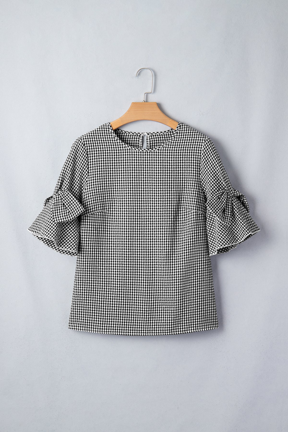 Black Plaid Bow Ruffled Half Sleeve Round Neck Blouse