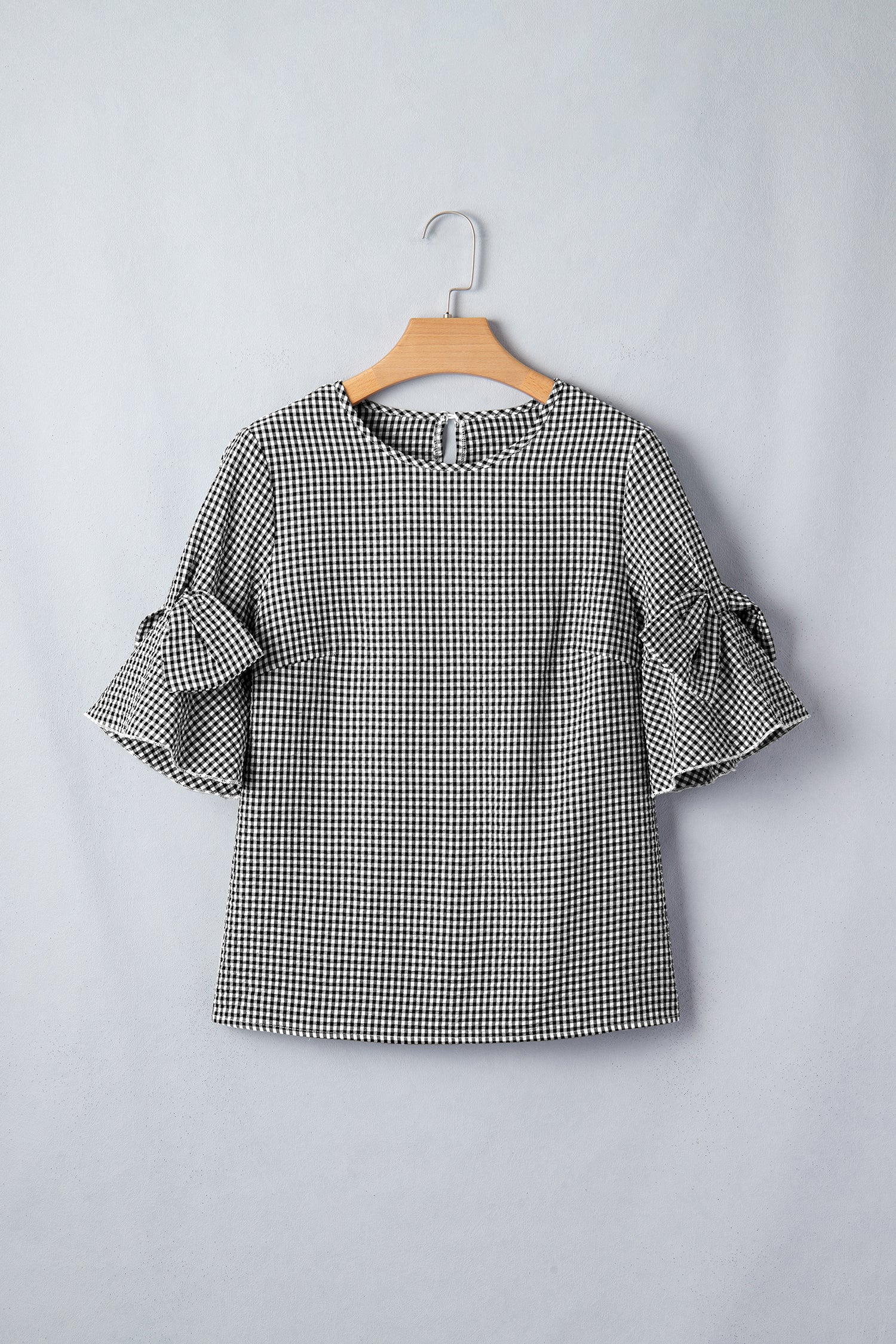 Black Plaid Bow Ruffled Half Sleeve Round Neck Blouse