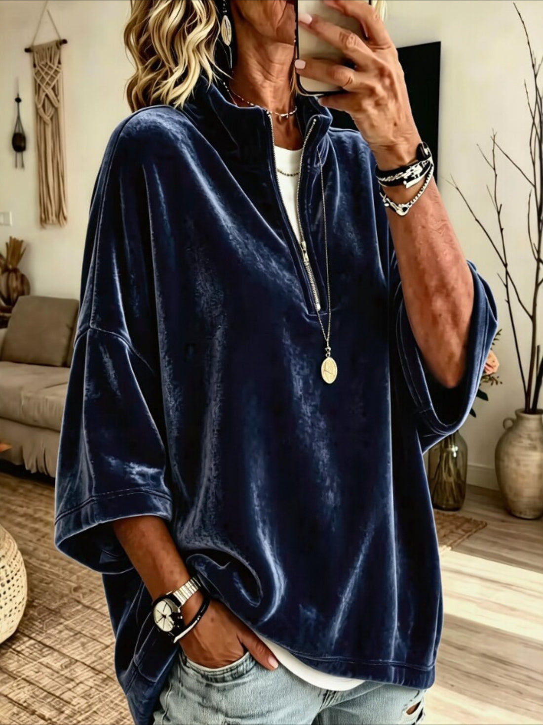 Half-Zip Velvet Top with Three-Quarter Batwing Sleeves