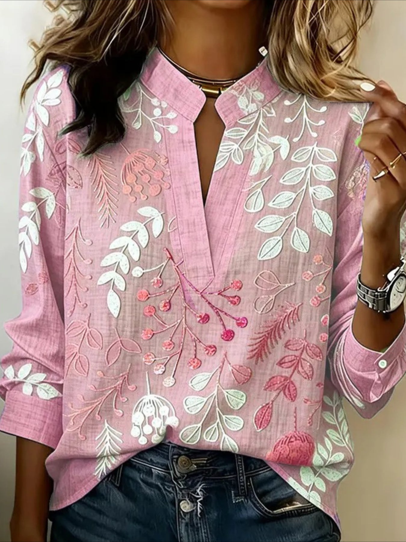 Vintage Floral Prints Stand Collar Casual Long Sleeve Blouse Shirt