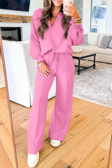 Bright Pink Polo Collar V Neck Pullover and Drawstring Sweatpants Set
