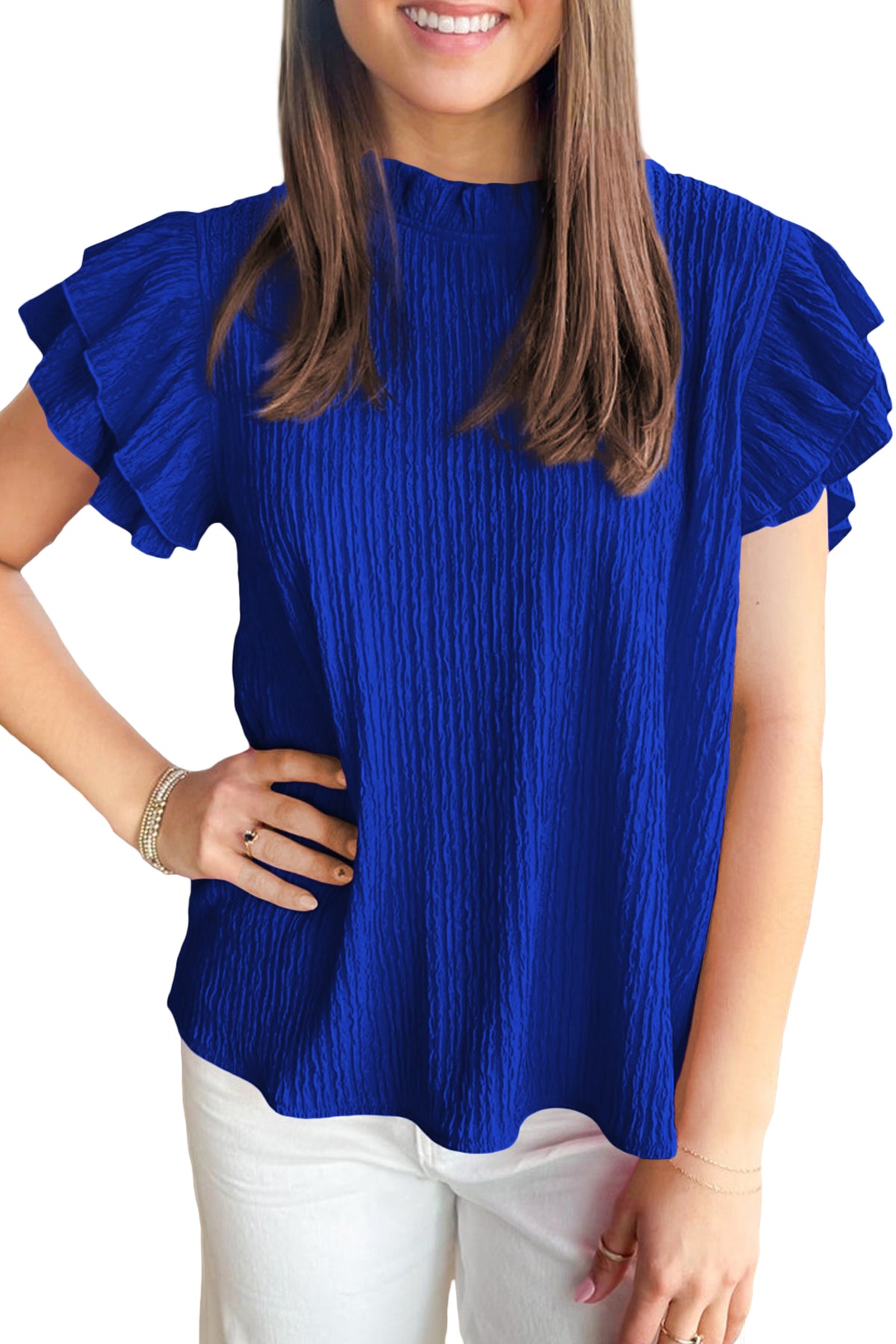 Dark Blue Solid Color Textured Ruffle Trim Short Sleeve Blouse