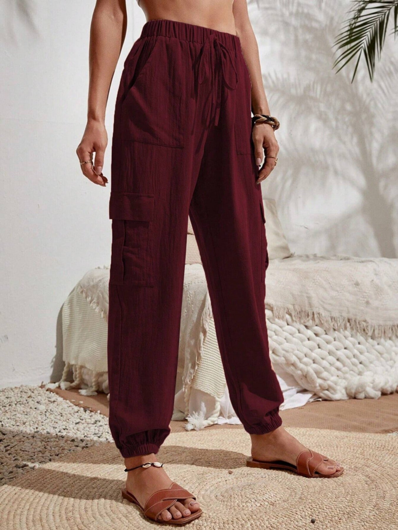 Solid Drawstring Pants, Casual Slant Pockets Cargo Pants