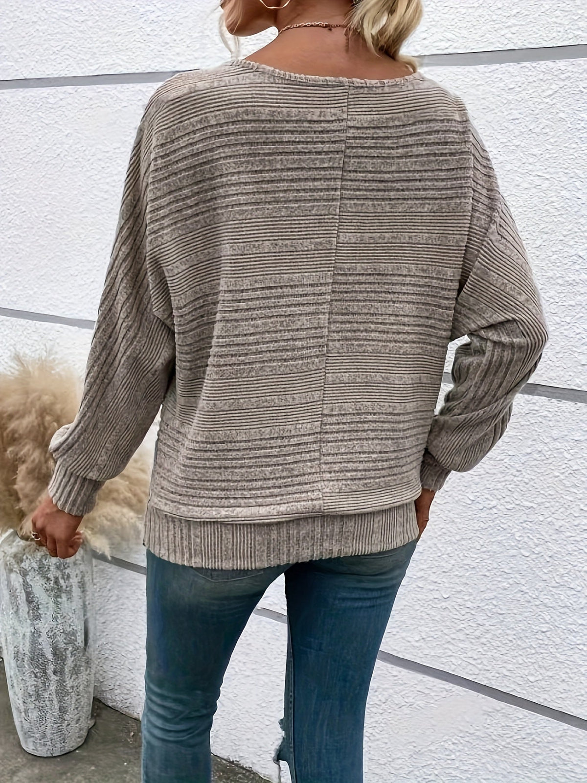 Ribbed Crew Neck T-Shirt, Elegant Long Sleeve T-Shirt