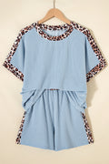 Sky Blue Leopard Trim Twist Ribbed Short Set