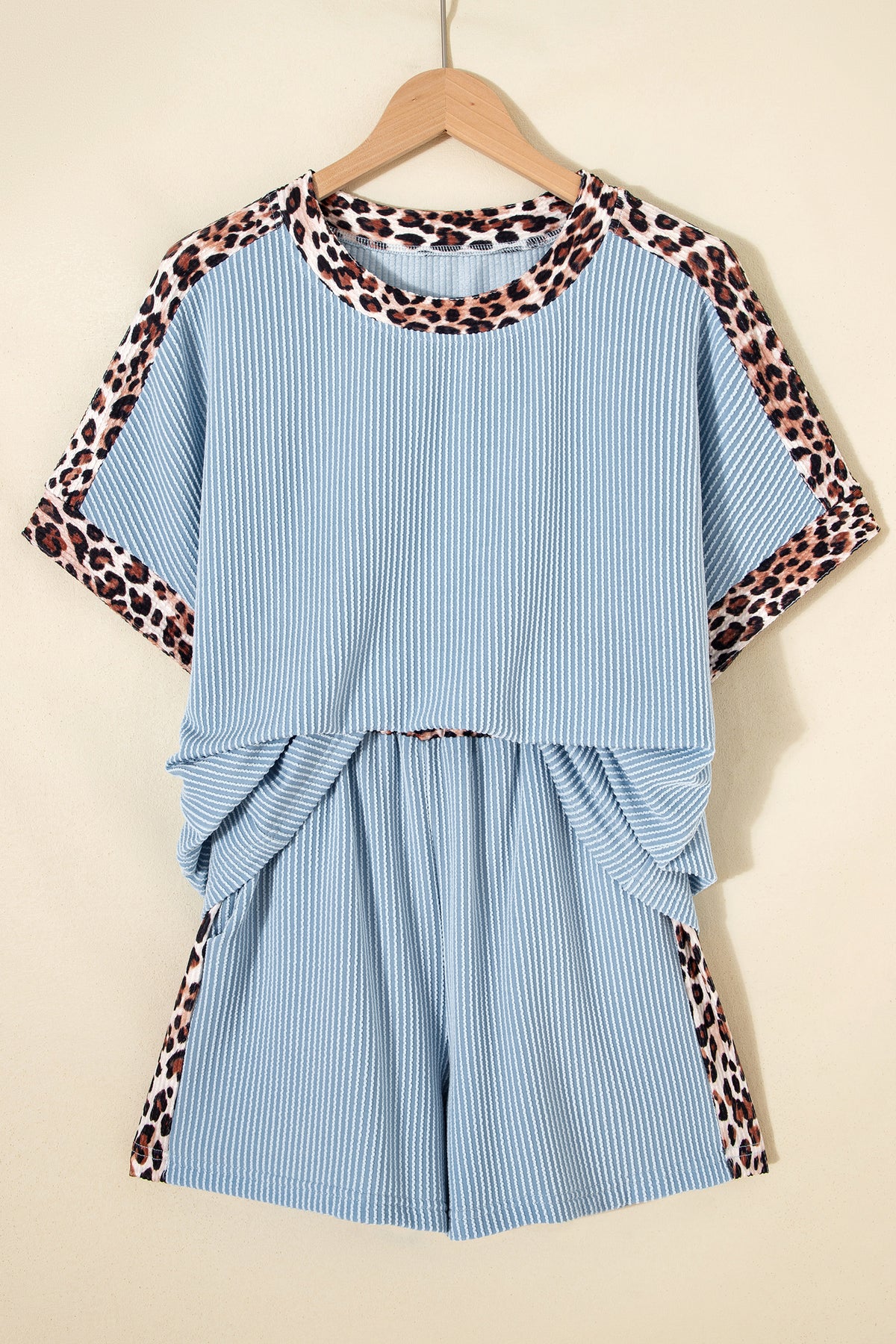 Sky Blue Leopard Trim Twist Ribbed Short Set
