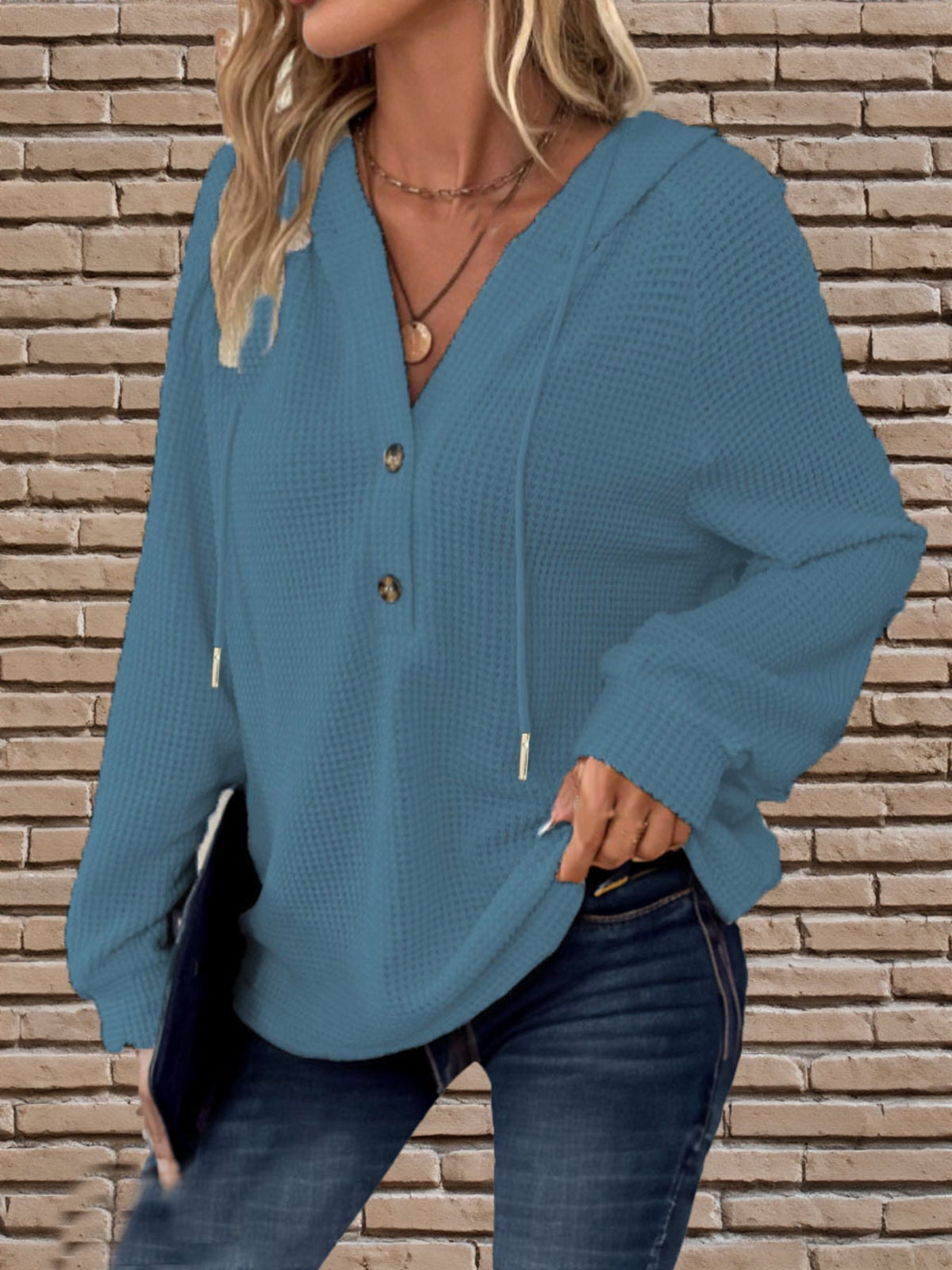 Waffle Button Front Loose Hoodie, Casual Long Sleeve Drawstring Hoodies Sweatshirt