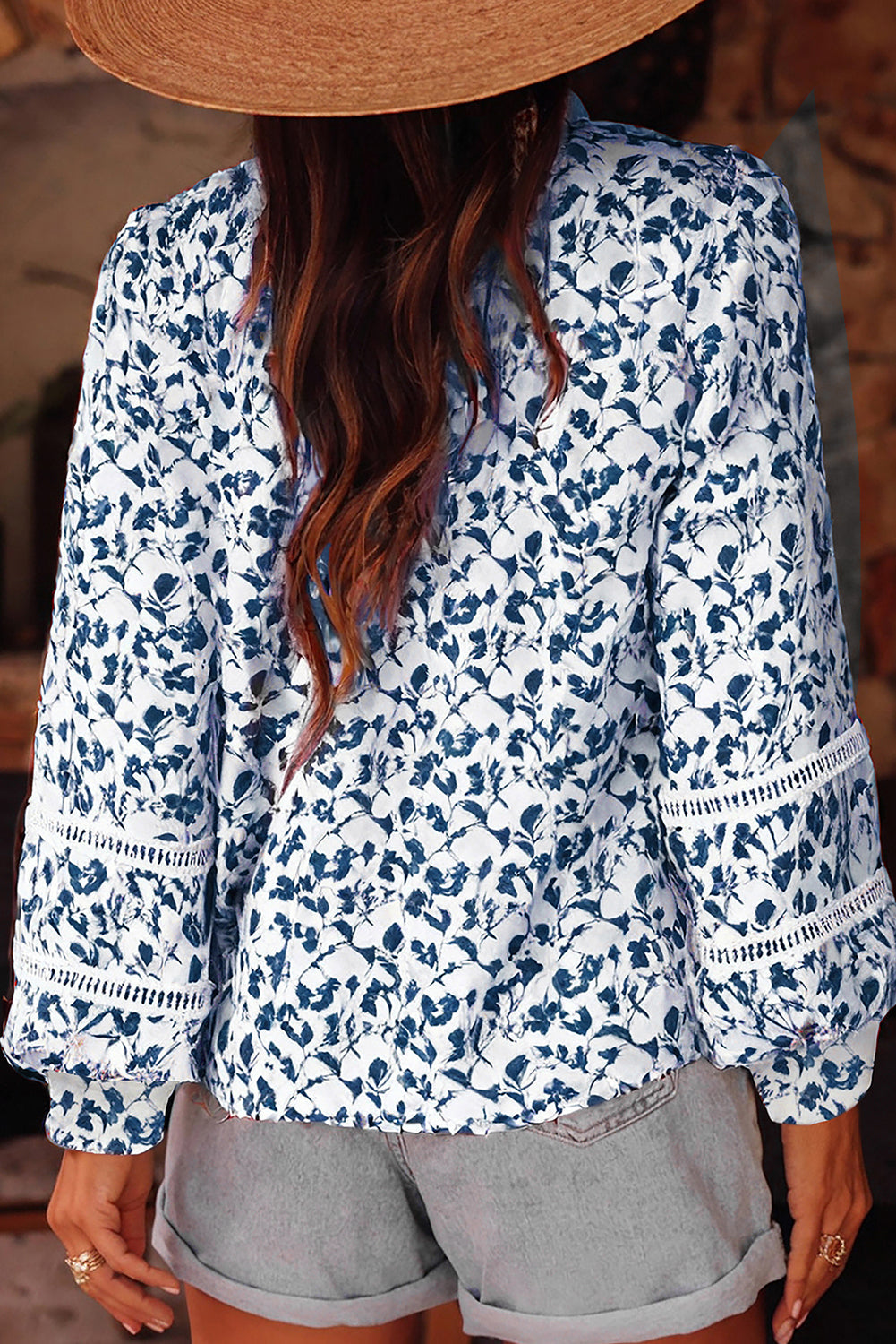 Blue Printed Lace Detail Floral Puff Sleeve Fall Shirt