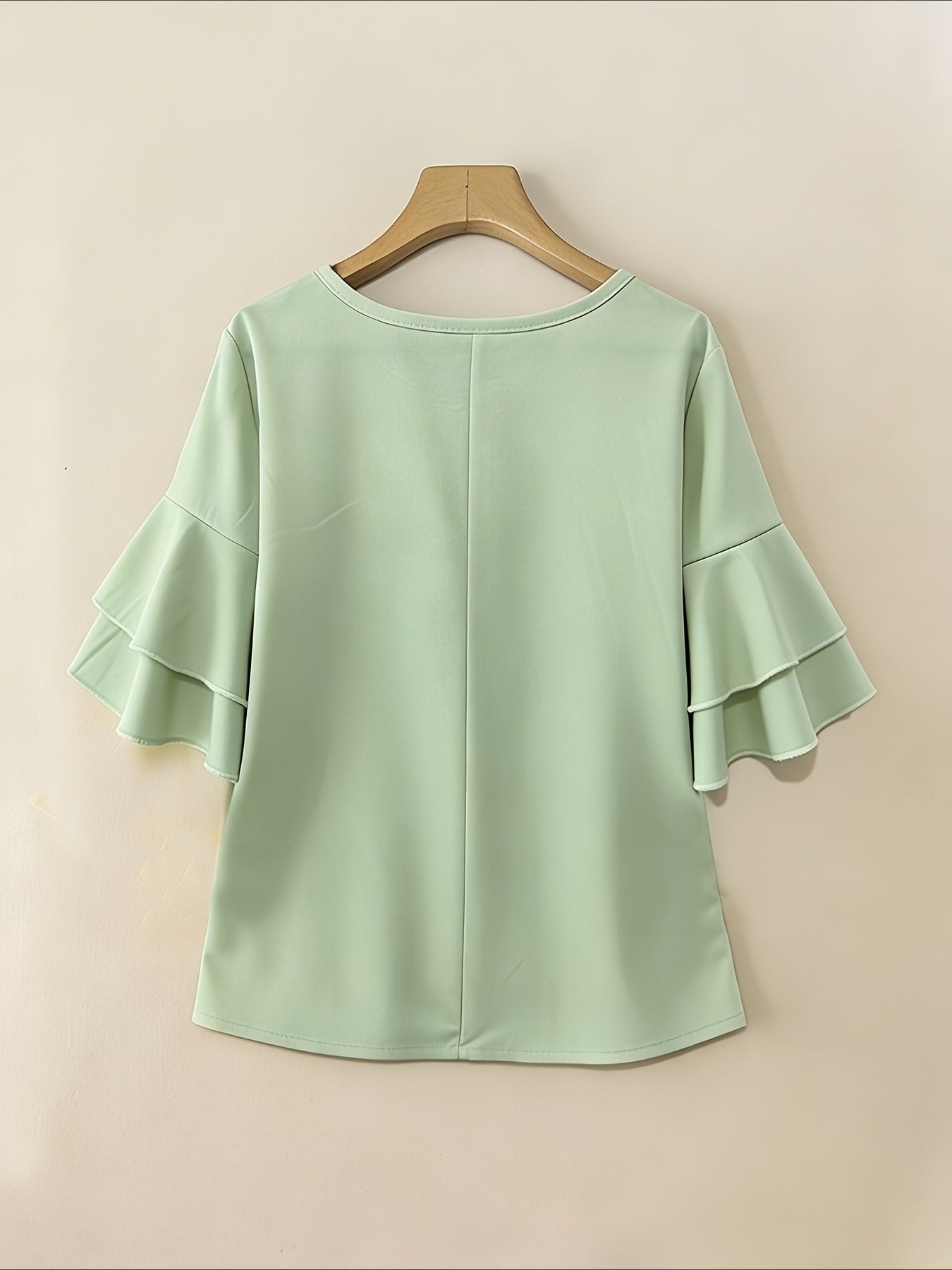 Elegant Fashion Summer Loose Solid Round Neck Button-Up Shirt Flared Sleeve Ruffle Top
