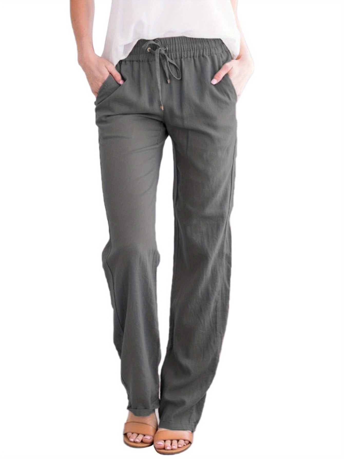 Women's Loose Fit Wide-Leg Trousers - Casual Solid Color Drawstring Design Fashion Pants