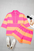 Pink Half Zipper Placket Bracelet Sleeve Top Casual Shorts Set