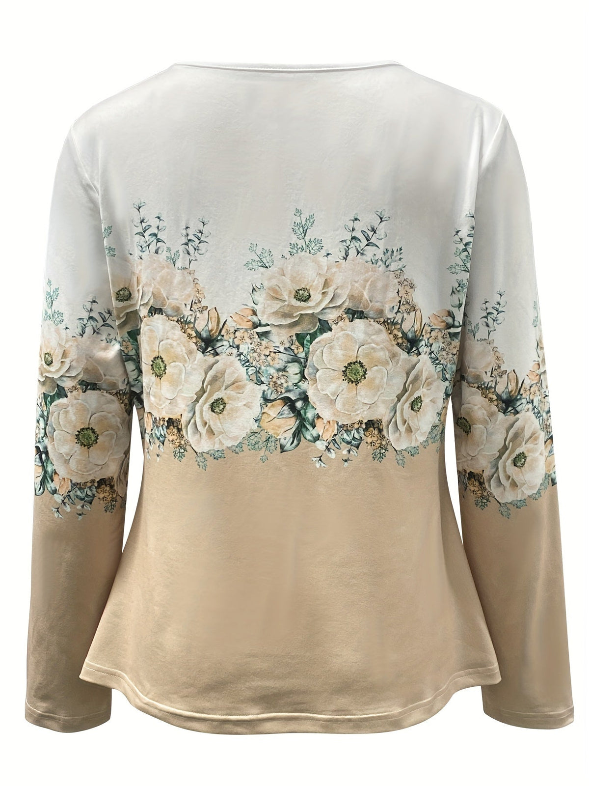 Floral Print Surplice Neck Button T-Shirt, Casual Long Sleeve T-Shirt