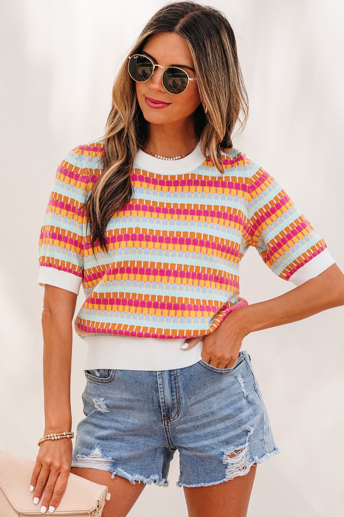 Orange Abstract Striped Knit Short Sleeve Sweater