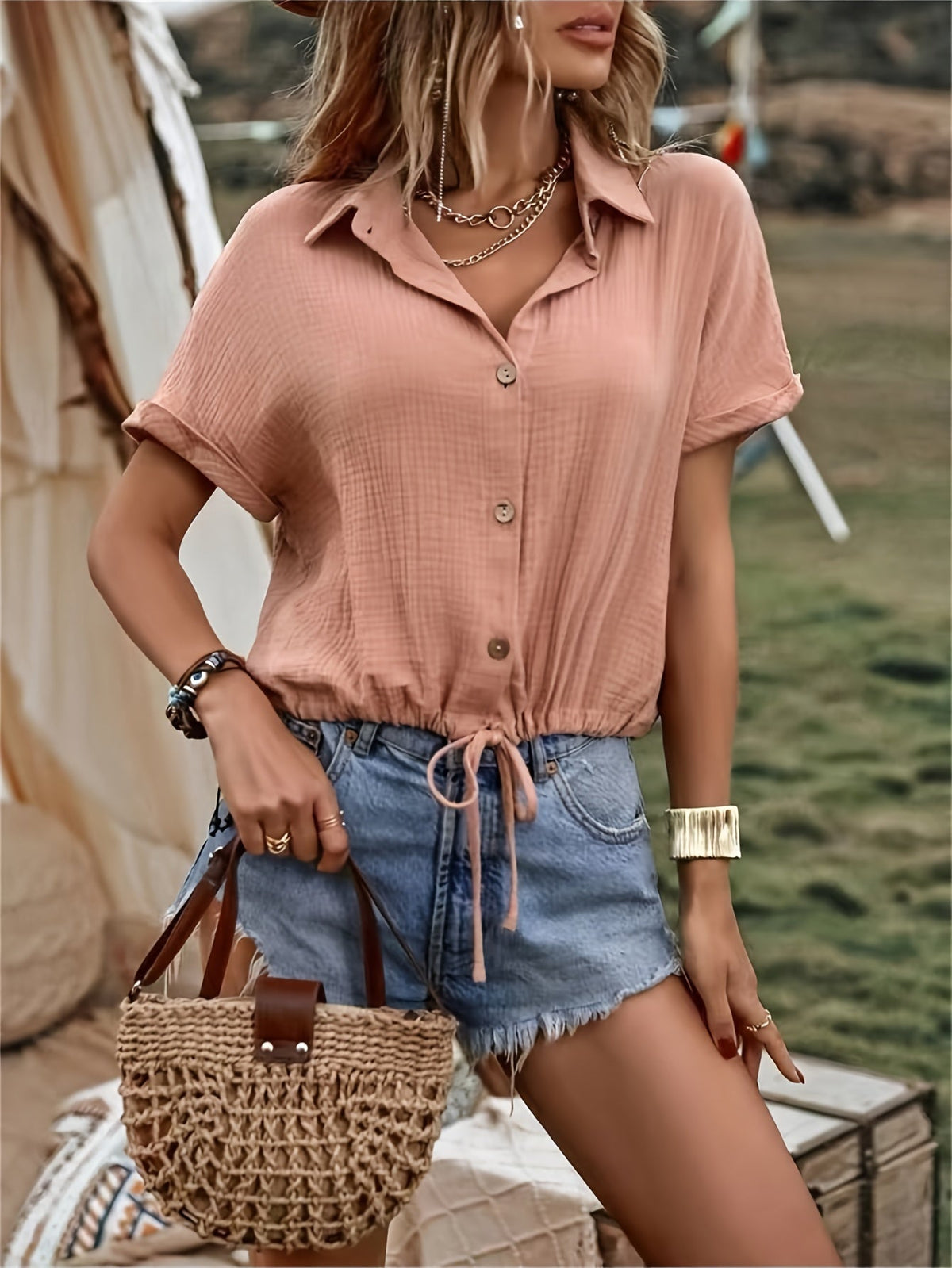 Solid Drawstring Button Front Blouse, Vintage Short Sleeve Blouse