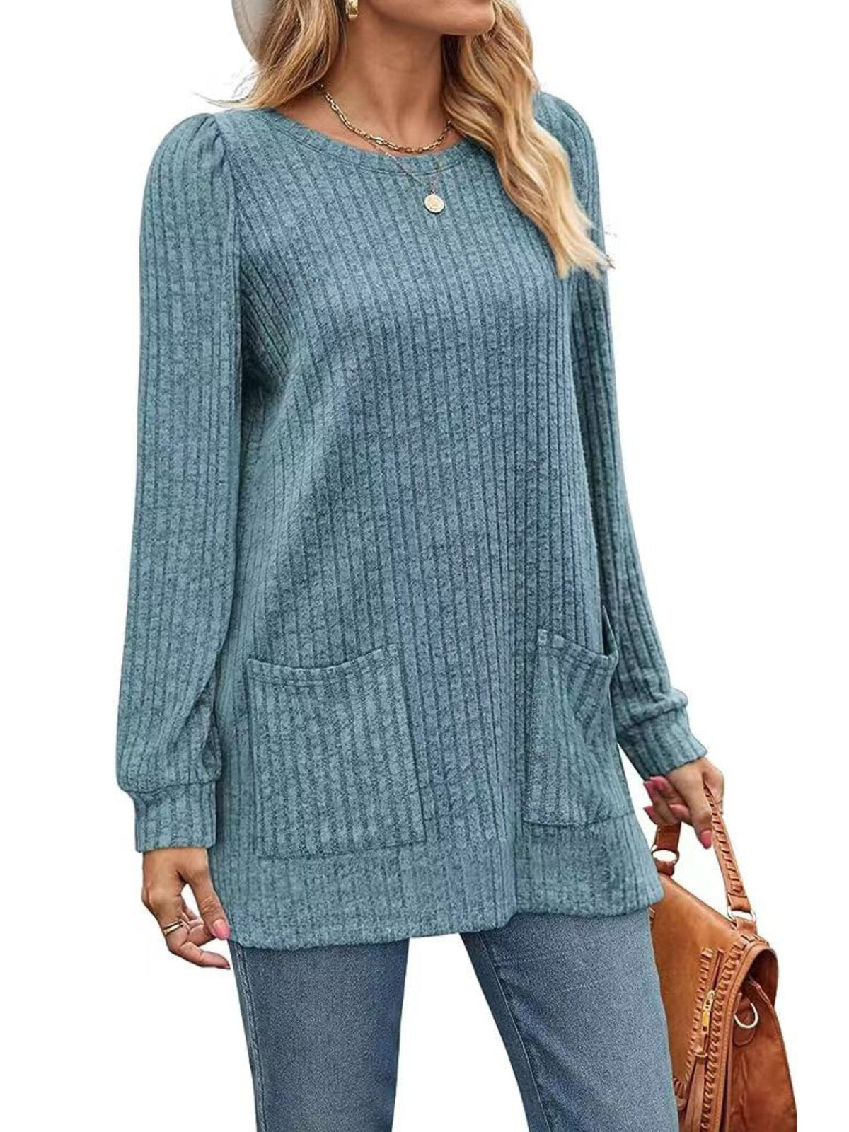 Casual Top, Women's Solid Ribbed Long Sleeve Round Neck Medium Stretch Top With Pockets