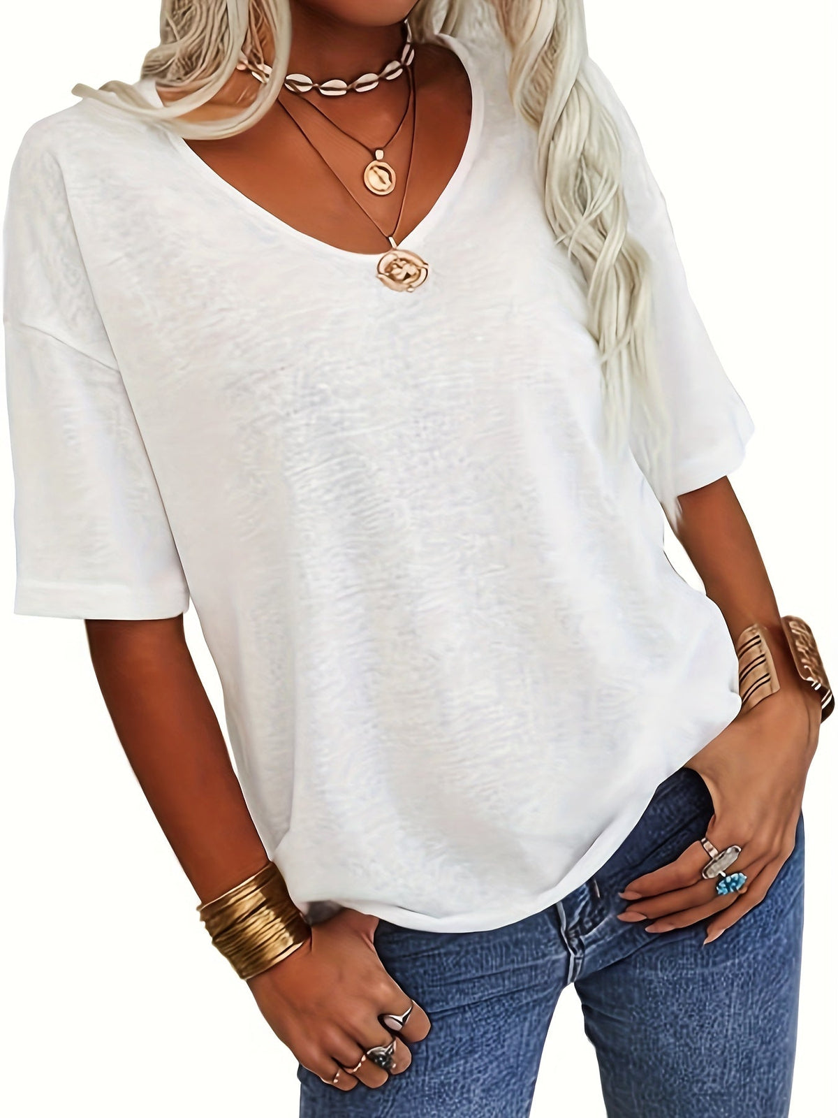 Solid Color V Neck T-shirt, Casual Short Sleeve T-Shirt