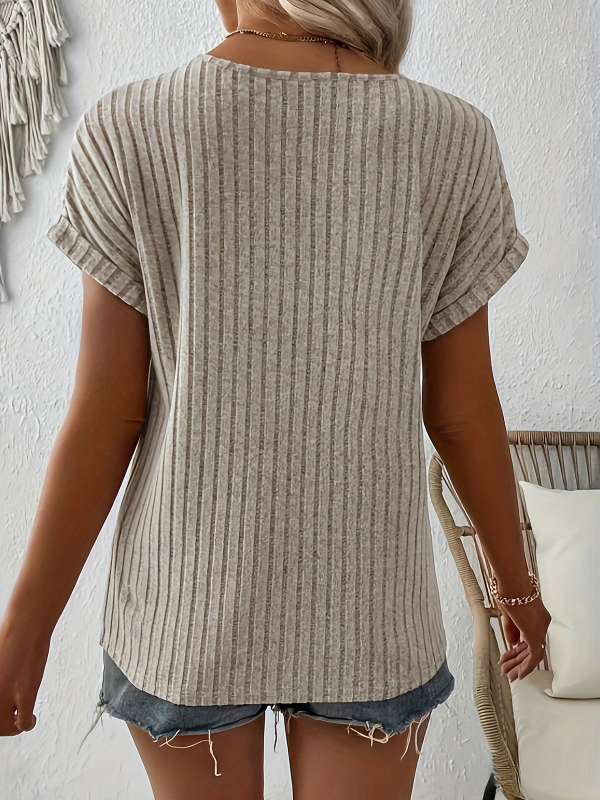 Ribbed Knit Notch Neck T-Shirt, Casual Short Sleeve T-Shirt