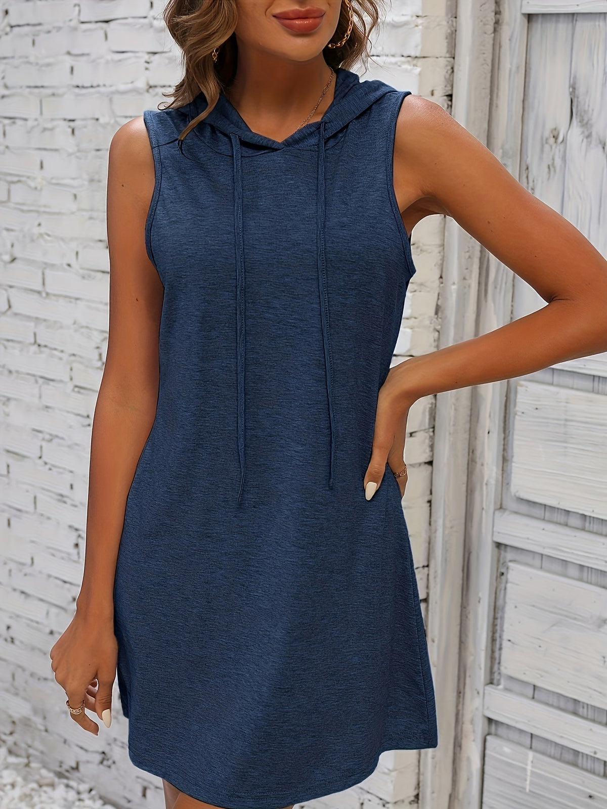Drawstring Sleeveless Hooded Dress, Casual Dress