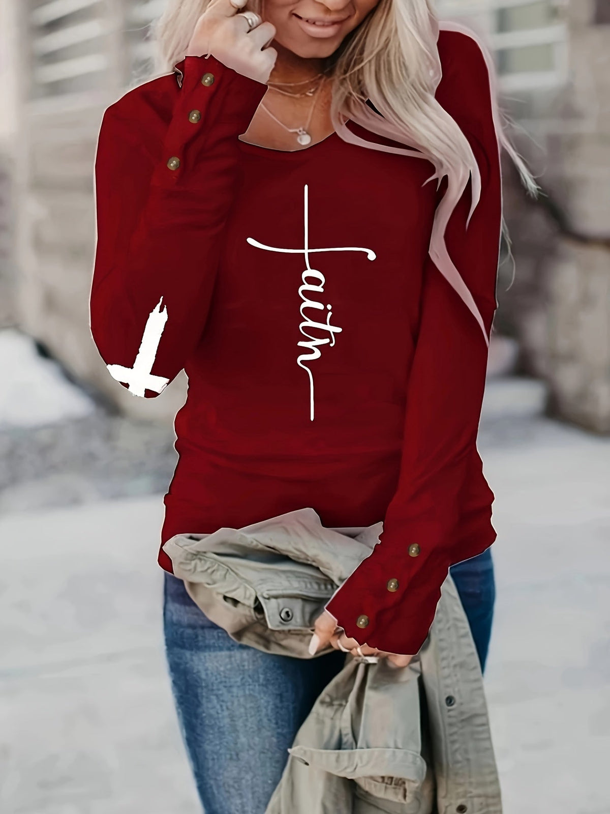 Cross & Letter Print Crew Neck T-Shirt, Casual Long Sleeve Top