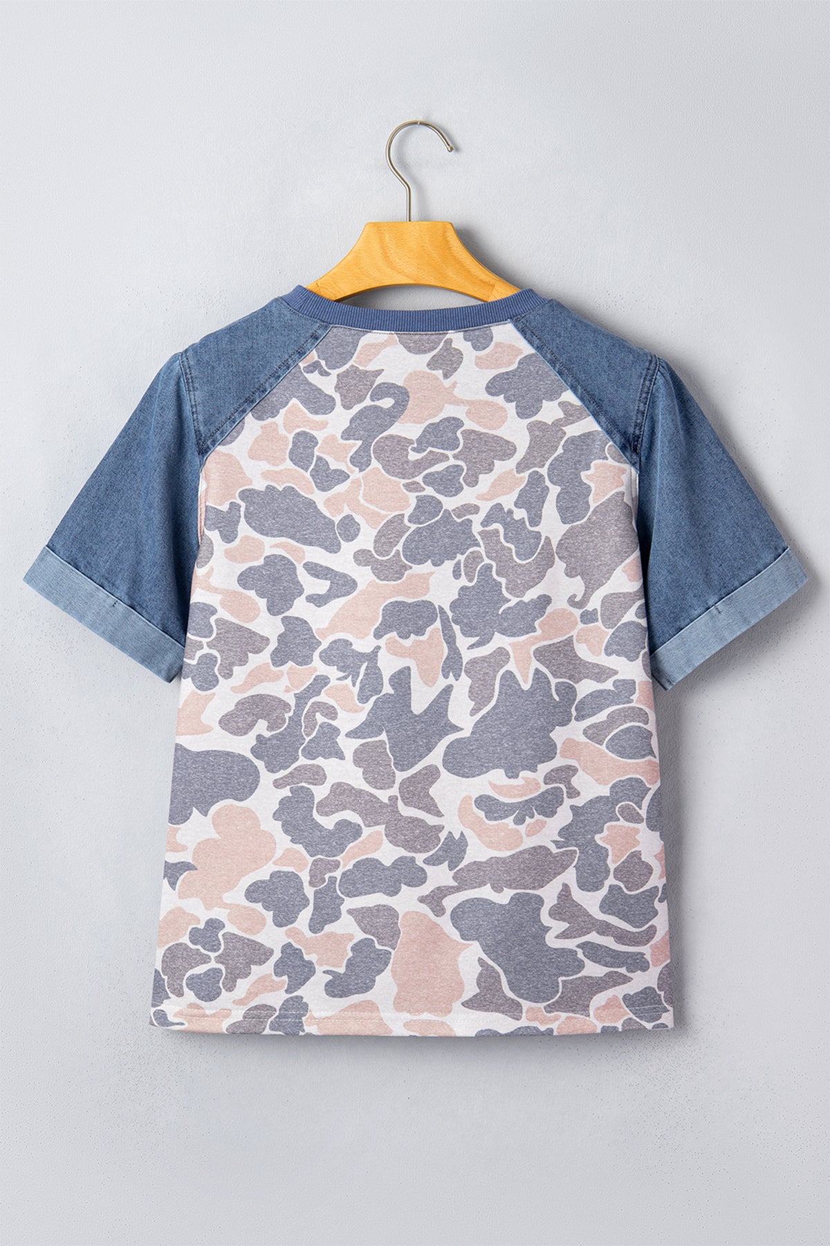 Multicolour Camouflage Print Denim Color Block Sleeve Casual Tee
