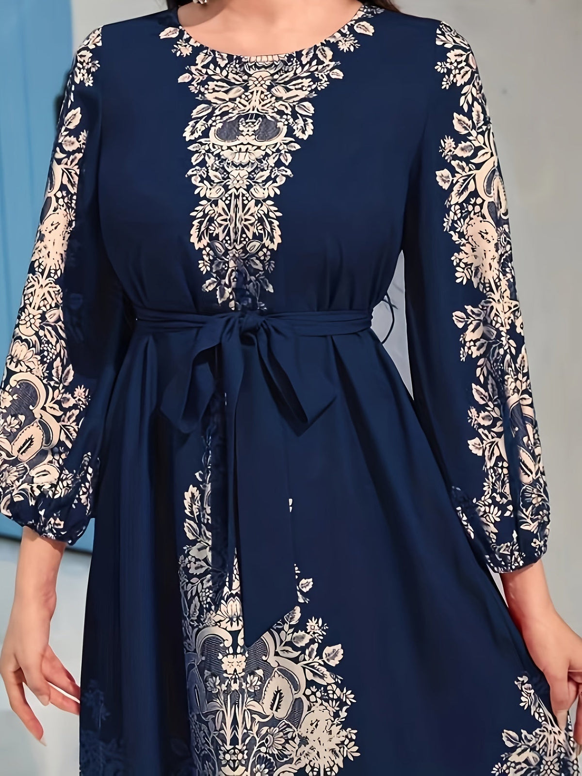Graphic Print Tie Waist Kaftan Dress, Elegant Lantern Sleeve Maxi Length Dress