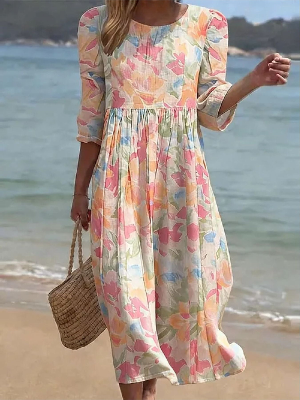 Casual Round Neck Mid Sleeve Printed Dress