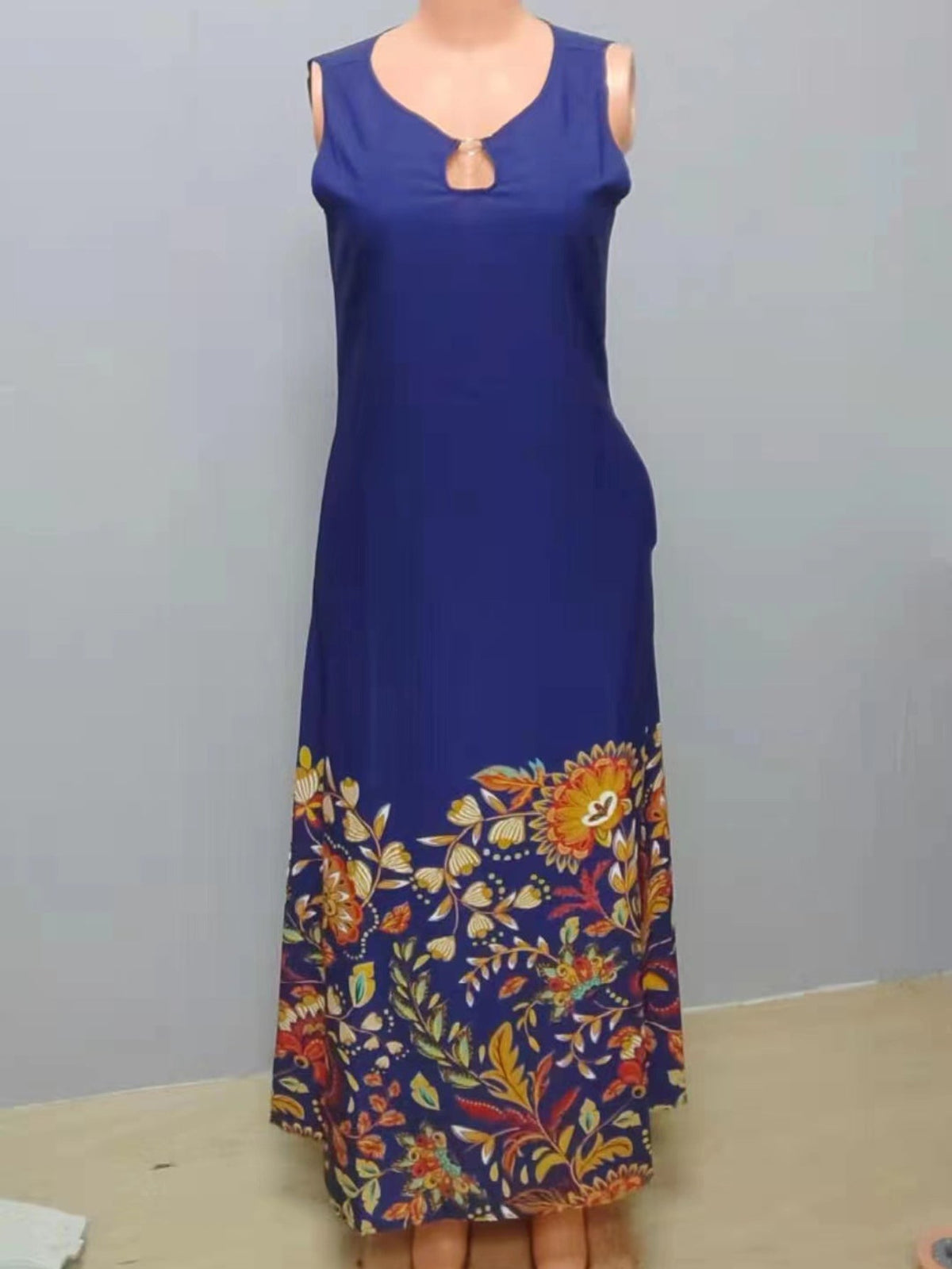Casual Tank Dress, Colorblock Floral Print Cut Out Round Neck Medium Stretch Maxi Tank Dress