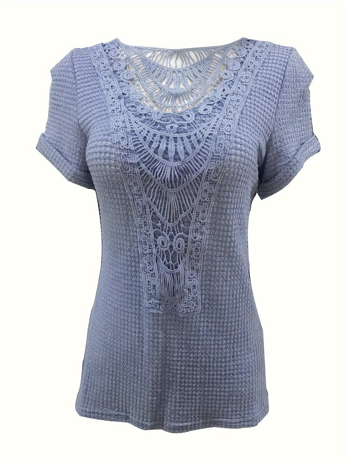 Contrast Lace Crew Neck T-Shirt, Casual Short Sleeve T-Shirt