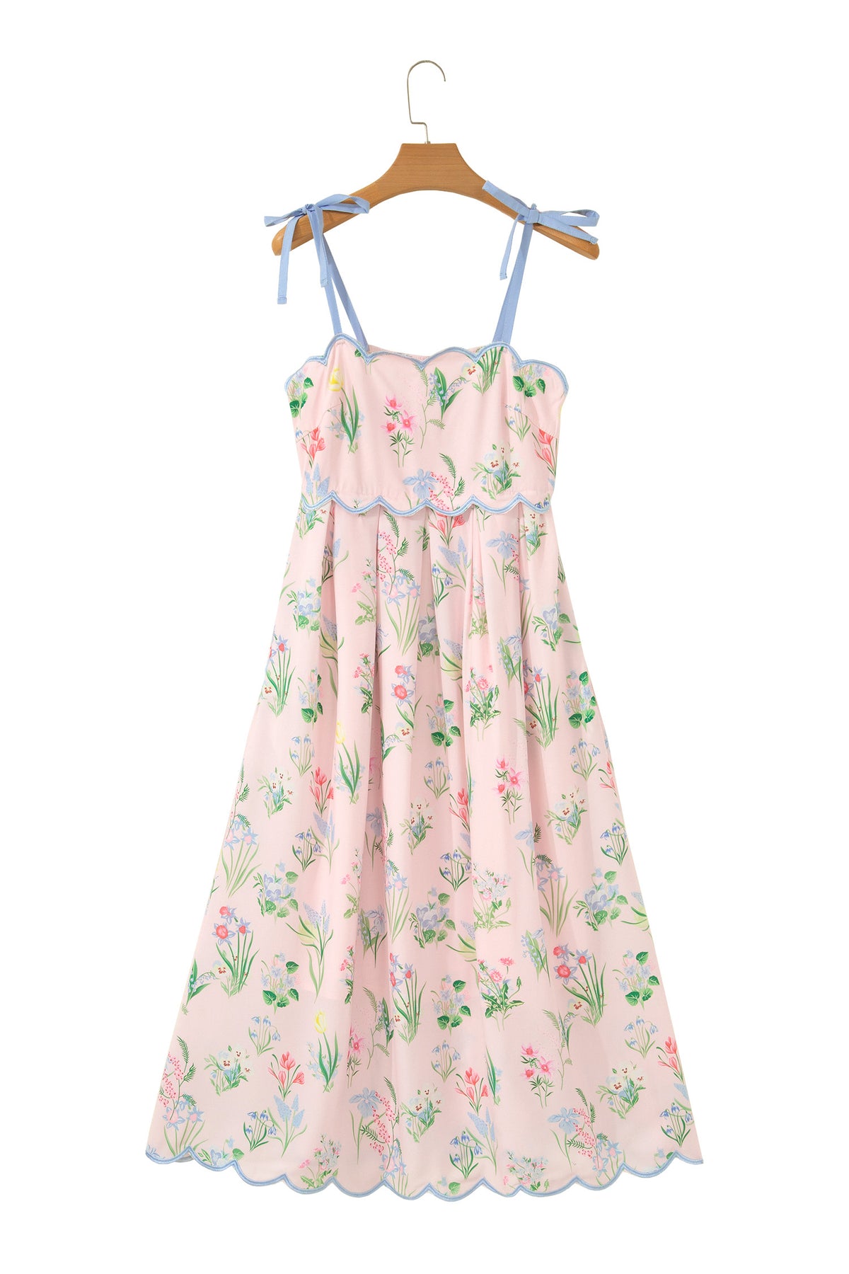 Pink Floral Print Contrast Trim Self-tie Straps High Waist Midi Dress