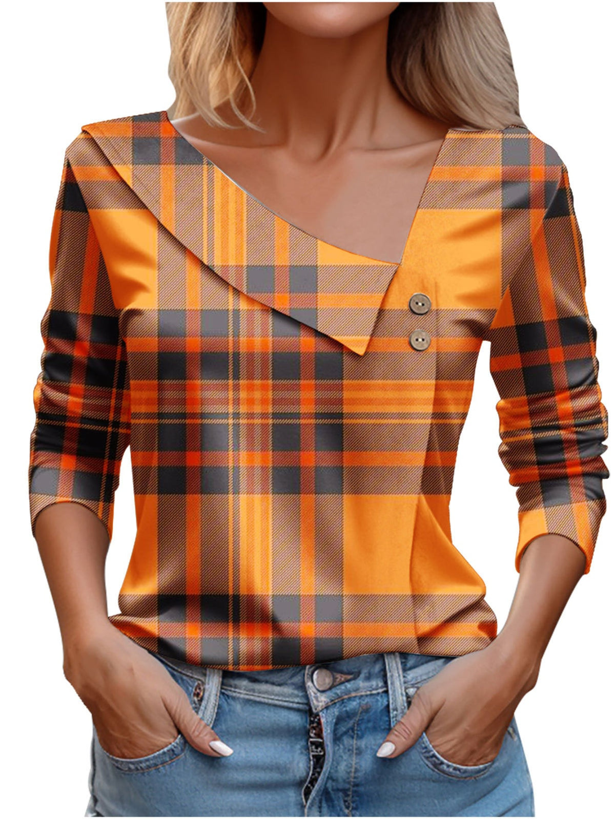 Chic Plaid Print Elegant Long Sleeve V-Neck T-Shirt
