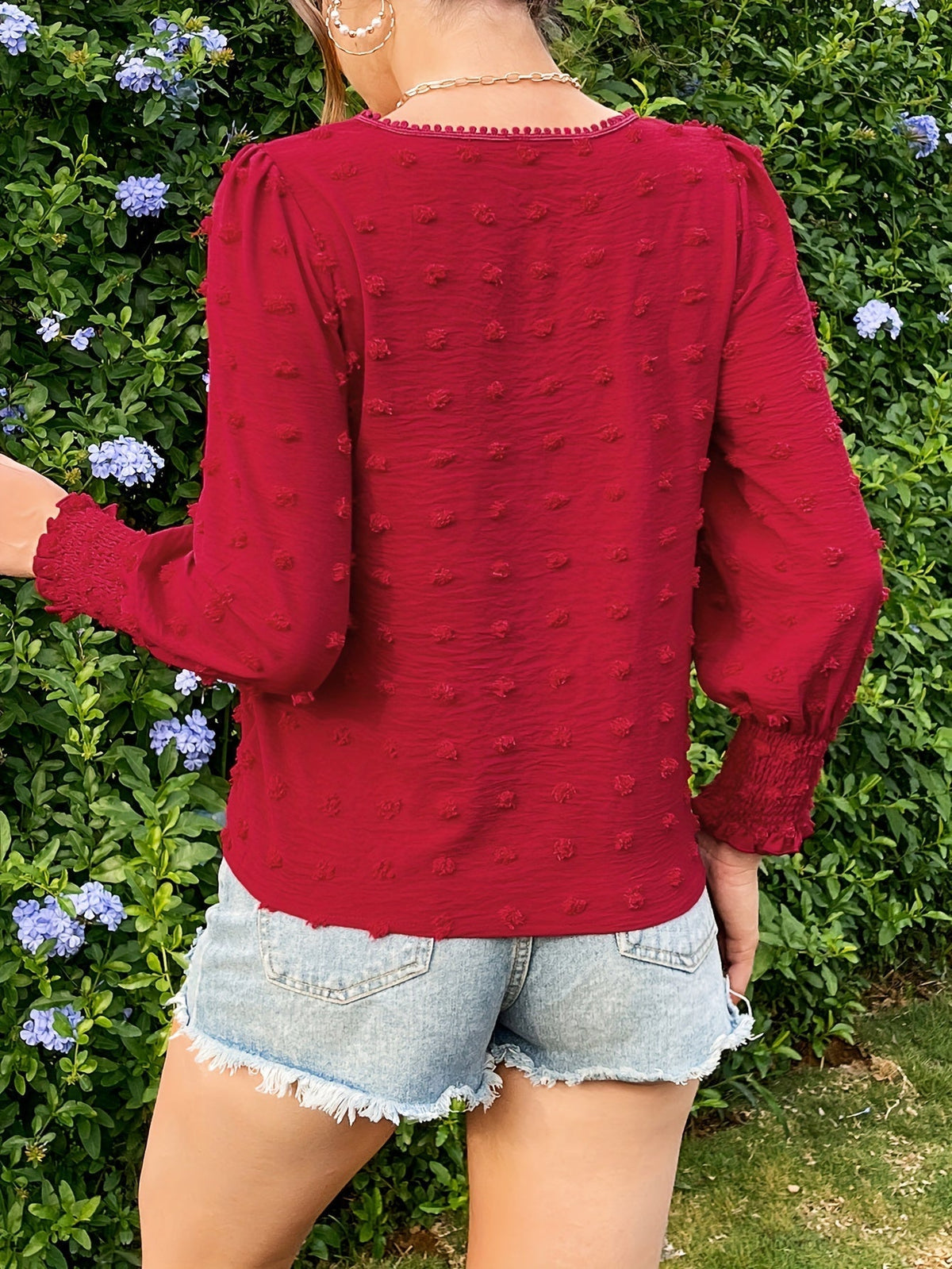 Swiss Dot Crew Neck Blouse, Elegant Long Sleeve Top