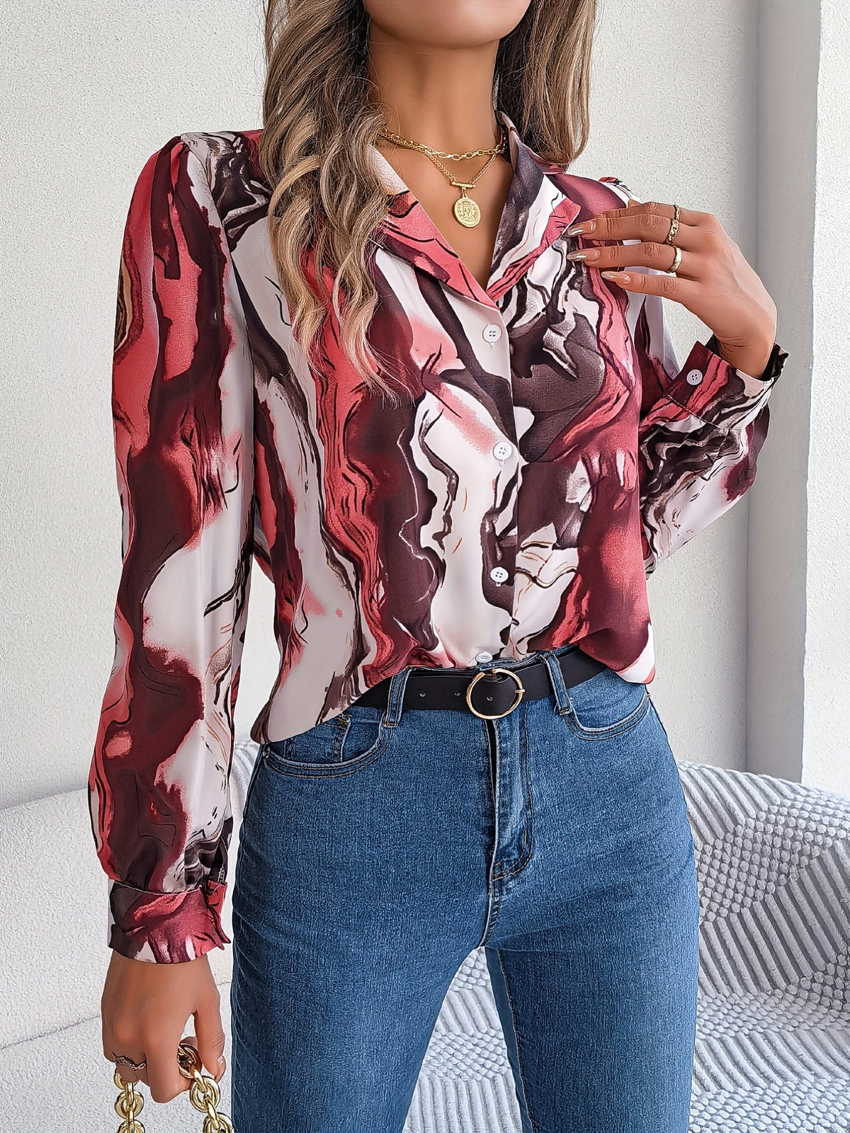 Graphic Print Button Front Shirt, Casual Long Sleeve Shirt