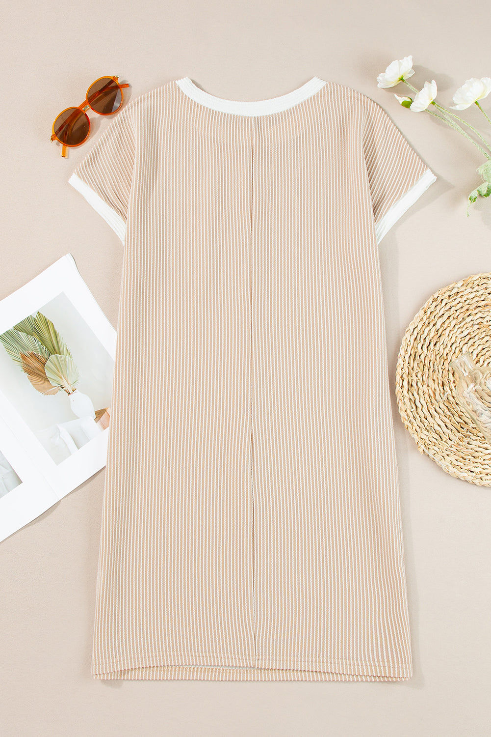 Apricot Twisted Ribbed Color Block Trim T Shirt Shift Dress