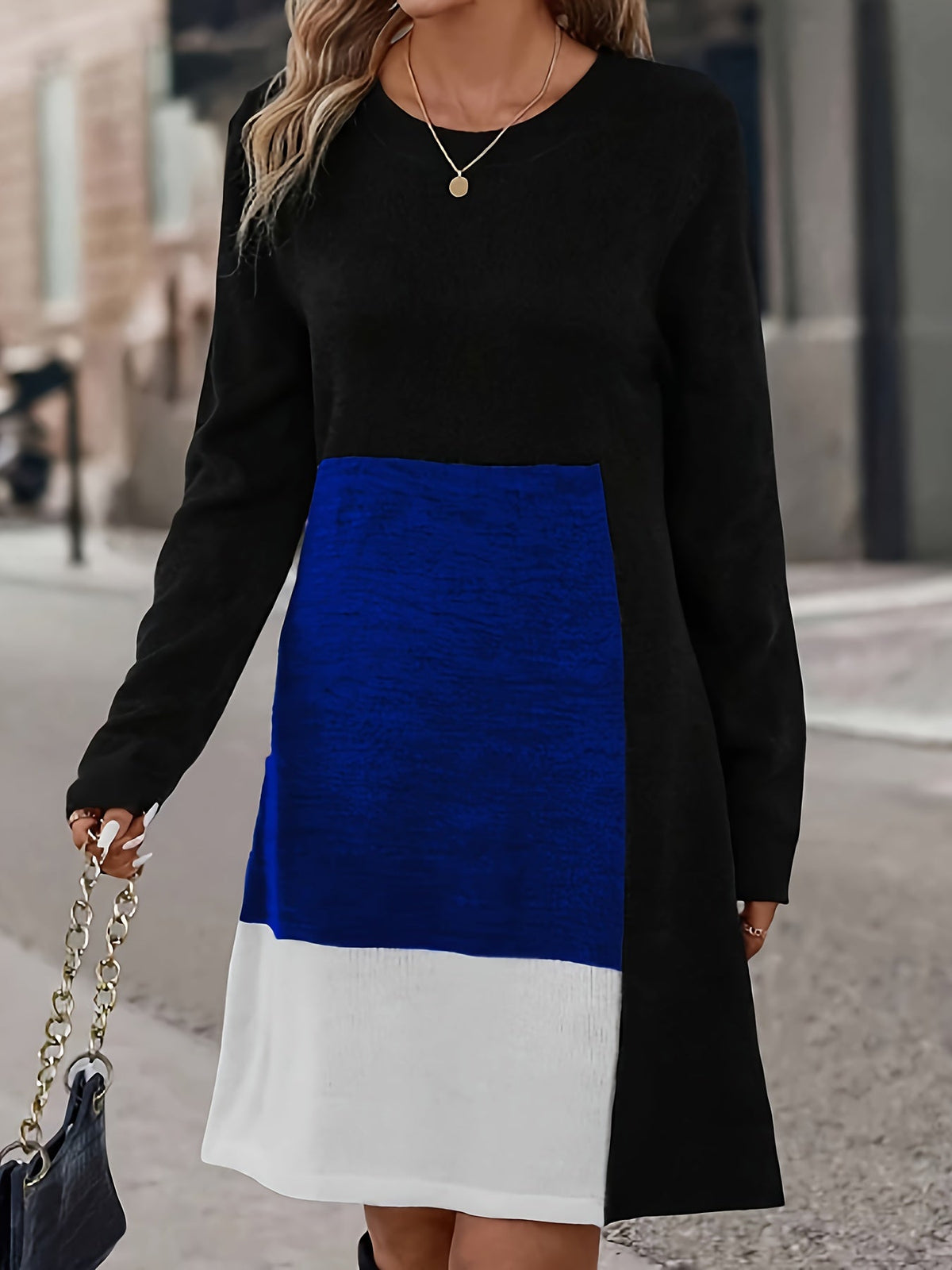 Colorblock Chic Dress - Flattering Casual Style with Long Sleeves and Medium Stretch, Soft Round Neck Mini Dress