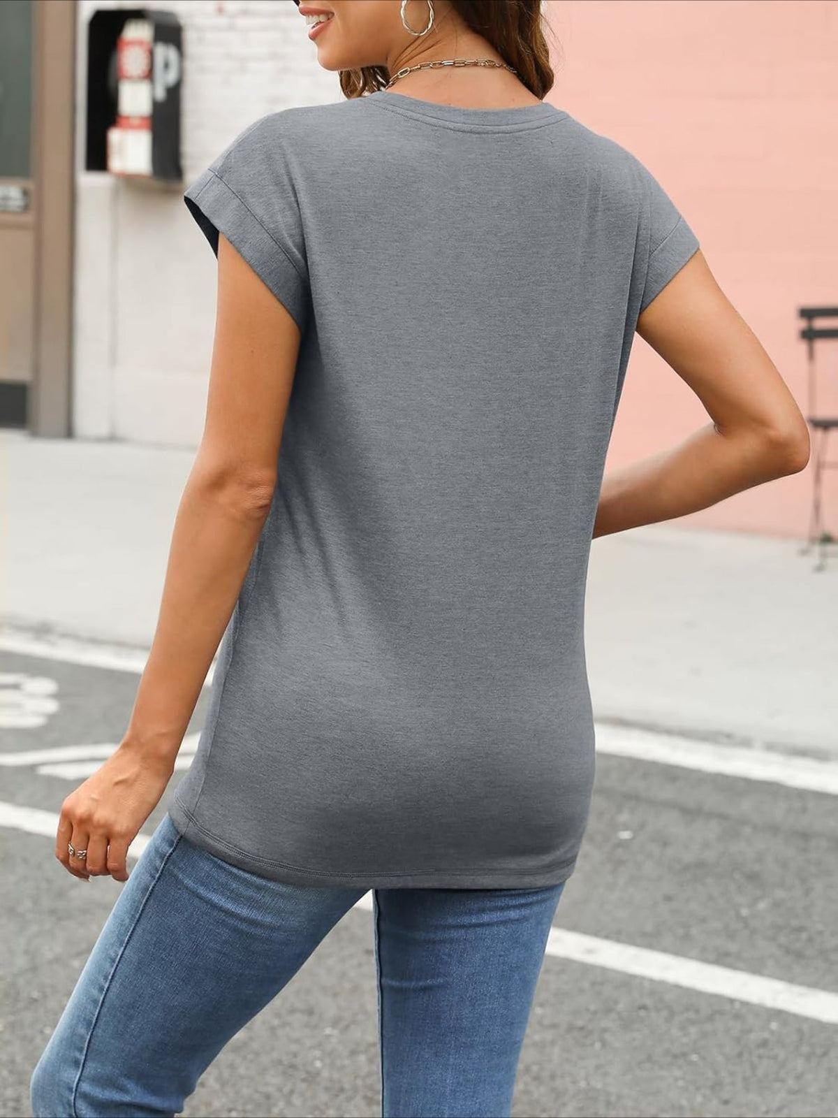 Solid Color Round Neck Cap Sleeve T Shirts