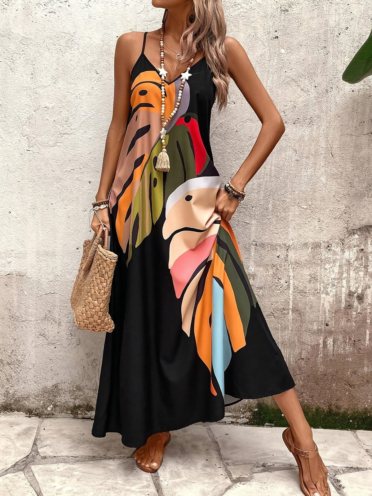 Elegant Geometric Print V-Neck Slingback Maxi Dress