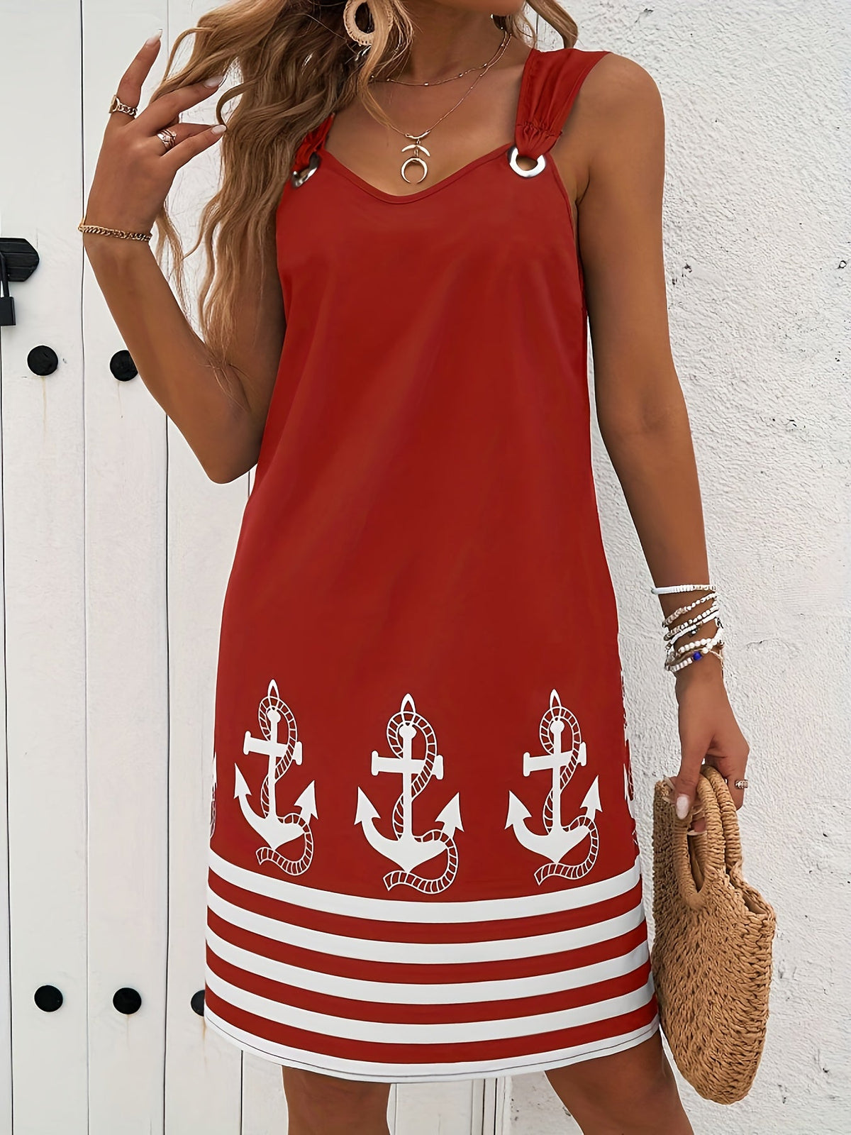 Floral & Striped Print Sleeveless V-Neck Dress