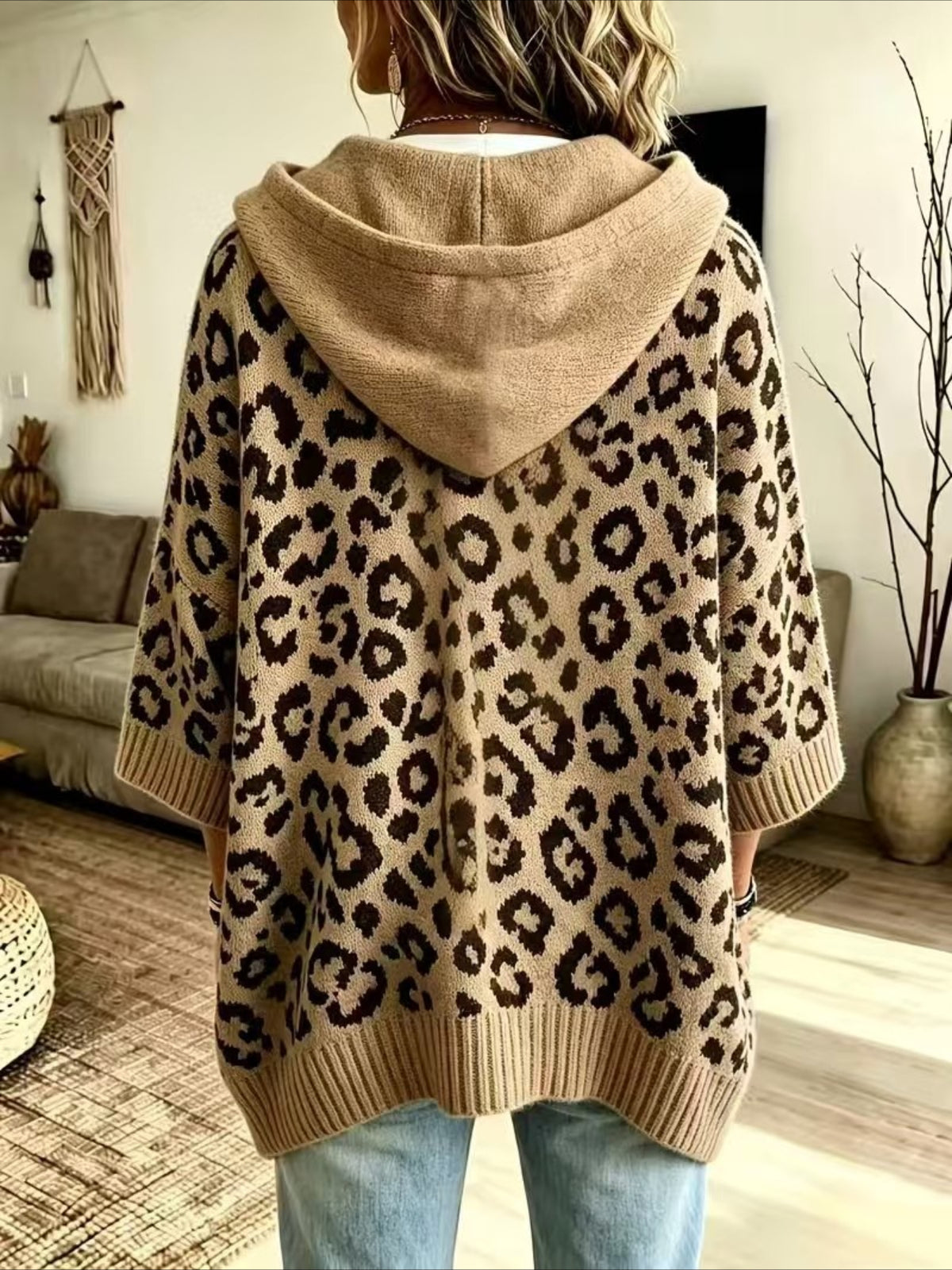 Leopard Pattern Hooded Knit Sweater with Batwing Sleeves