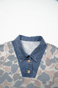 Multicolour Camouflage Print Denim Patchwork Polo Collar Tee
